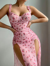 Women's Fashion Lace Flower Nightdress Sexy High Slit Beach Dress Seductive Perspective Chemise Halter Mesh Sheer Nightdress